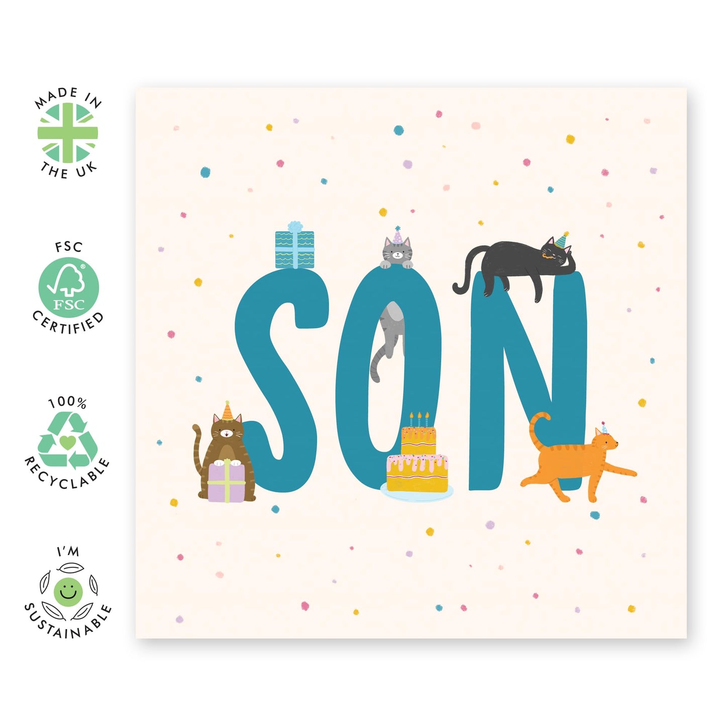 Son's Birthday Greeting Card - 'Birthday Cats Son' - Gift for Childrend, Kids, Teenagers, Boy, Guys from Mum, Mother, Dad, Parents - Cat In Hats - Comes with Fun Stickers