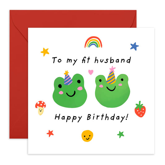 Birthday Card for Husband - "To My Fit Husband" Frog Theme - Cute and Quirky Birthday Card for Husbands Who Work Out, Him, Spouses, Partners, Men - Comes with Fun Stickers