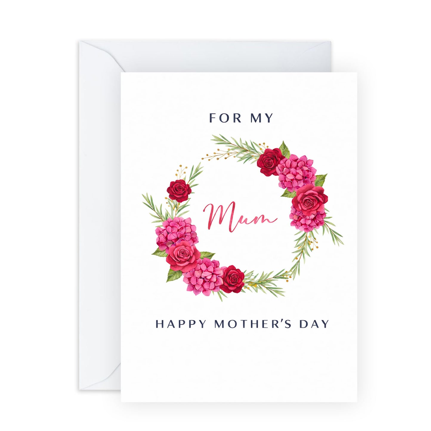 Mother’s Day Card for Mum - ‘For My Mum’ Elegant Red Floral Wreath Greeting Card - Thoughtful Keepsake for Mummy Mama - Made in UK - Includes Premium White Envelope