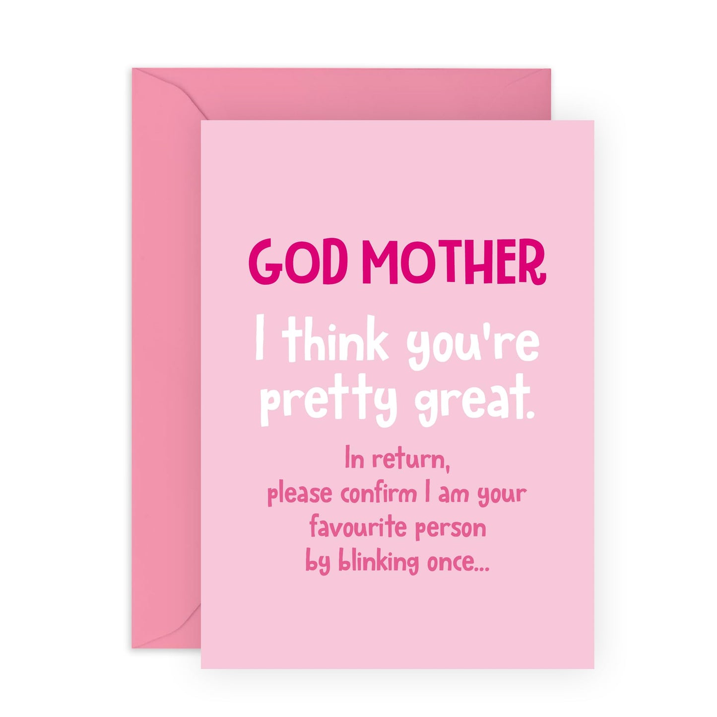 Pink Birthday Card for God Mothers - 'God Mother Blink To Confirm' - Gifts for Godparent, Her from Godchild - Favouritism - Comes with Fun Stickers