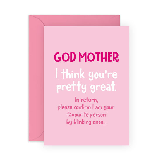 Pink Birthday Card for God Mothers - 'God Mother Blink To Confirm' - Gifts for Godparent, Her from Godchild - Favouritism - Comes with Fun Stickers