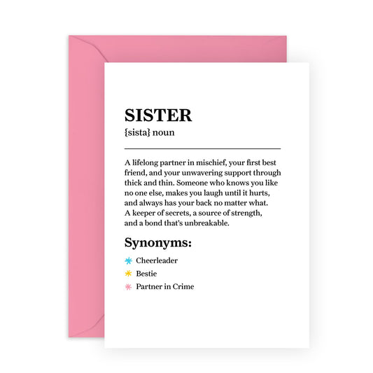 Heartfelt Greeting Card for Sis - "Brother Definition" - Presents for Her, Step Sister, In Law, Sibling, Family - Thoughtful Birthday, Thank You, or Just Because - Includes Pink Envelope