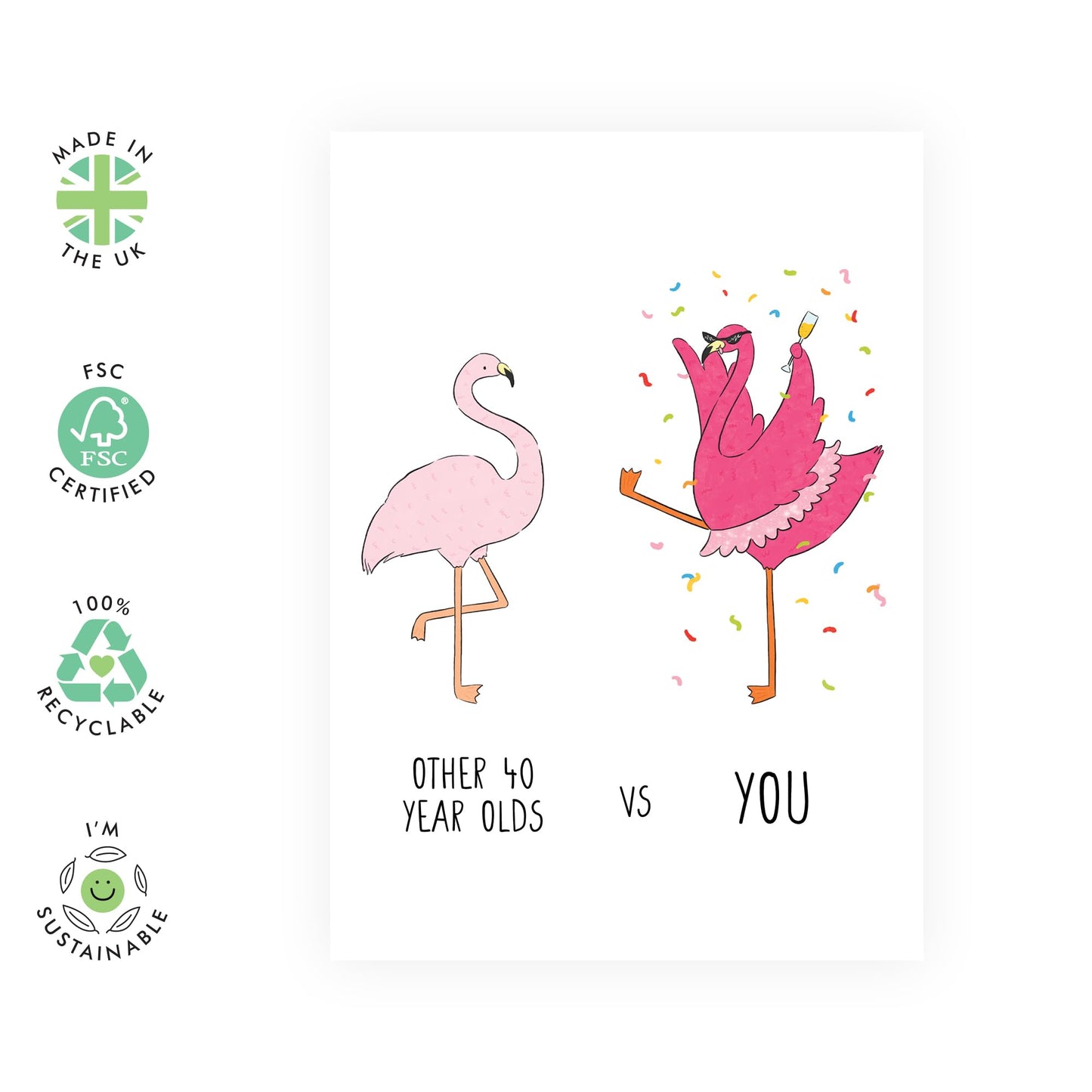 Funny 40th Birthday Card – "Other 40 Year Olds vs You" Flamingo Design – Humorous Greeting Card for Women Turning 40, Sister, Wife, Cousin, Friend, Bestie, Bff -Comes with Fun Stickers