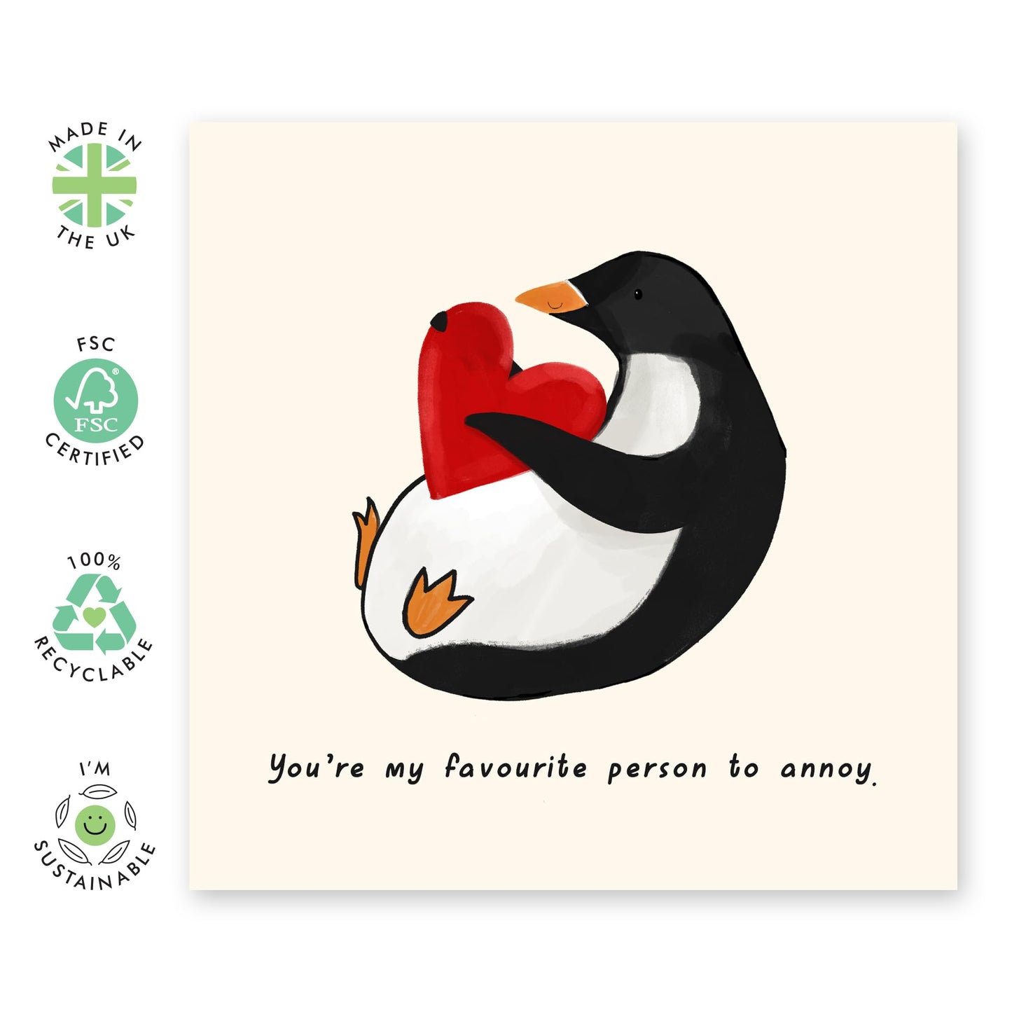 Valentines Card For Girlfriend Boyfriend Partner - Favourite Person To Annoy Penguin - Wedding Anniversary Card For Husband Wife - Romantic Card For Him Her - Comes With Fun Stickers By Central 23