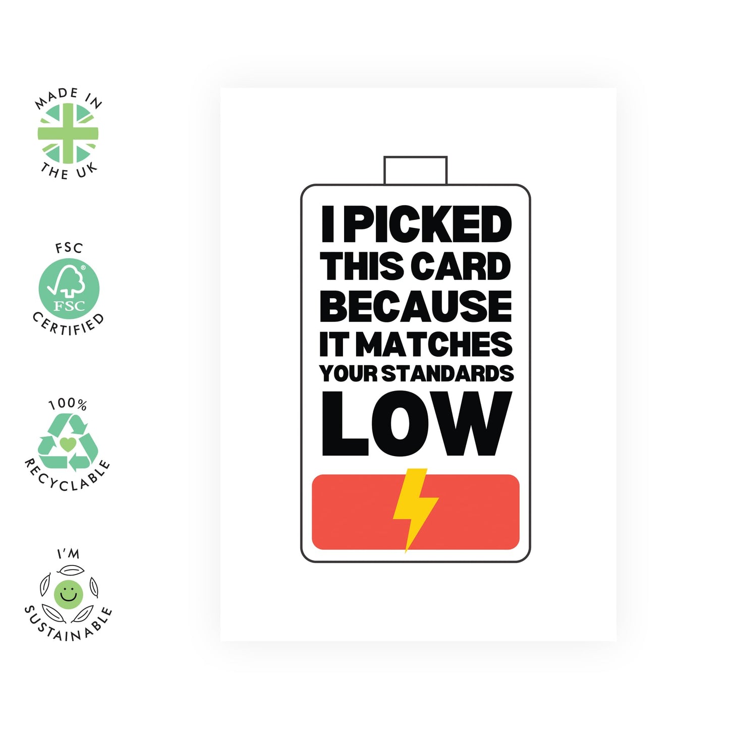 Funny Greeting Card - 'LOW STANDARDS!' - Perfect for Adding a Touch of Humor and Realism to Any Occasion - Ideal for Friends and Family Who Appreciate a Laugh - Comes With Stickers By Central 23