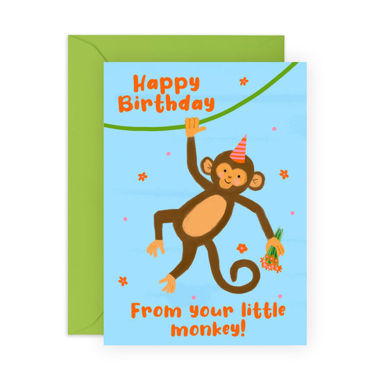 Cute Monkey Birthday Card - 'Little Mokey' - Birthday Cards for Mum, Dad, Parents from Kids, Children - Monkey Swinging - Comes with Fun Stickers
