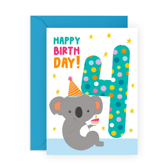 4th Birthday Cards For Kids - Cute Koala Age Four - Happy Fourth Birthday Card For Girl Boy Baby Toddler - Milestone Cards Bday - Gifts For Godson Granddaughter - Comes With Stickers By Central 23
