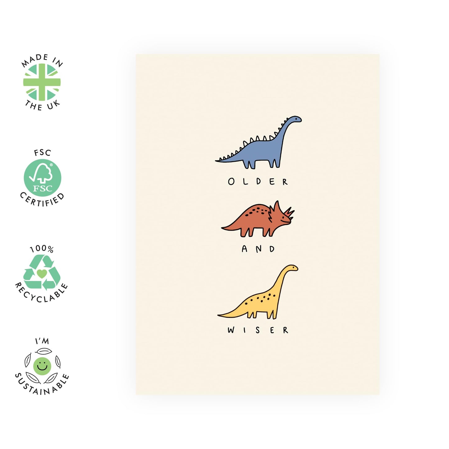 Funny Dinosaur Birthday Card - "Older and Wiser" Dino Design - Cute Greeting Card for Him or Her - For Mum, Dad, Uncle, Auntie, Grandpa, Grandma, Bestie, BFF, Friend and Dino Lovers