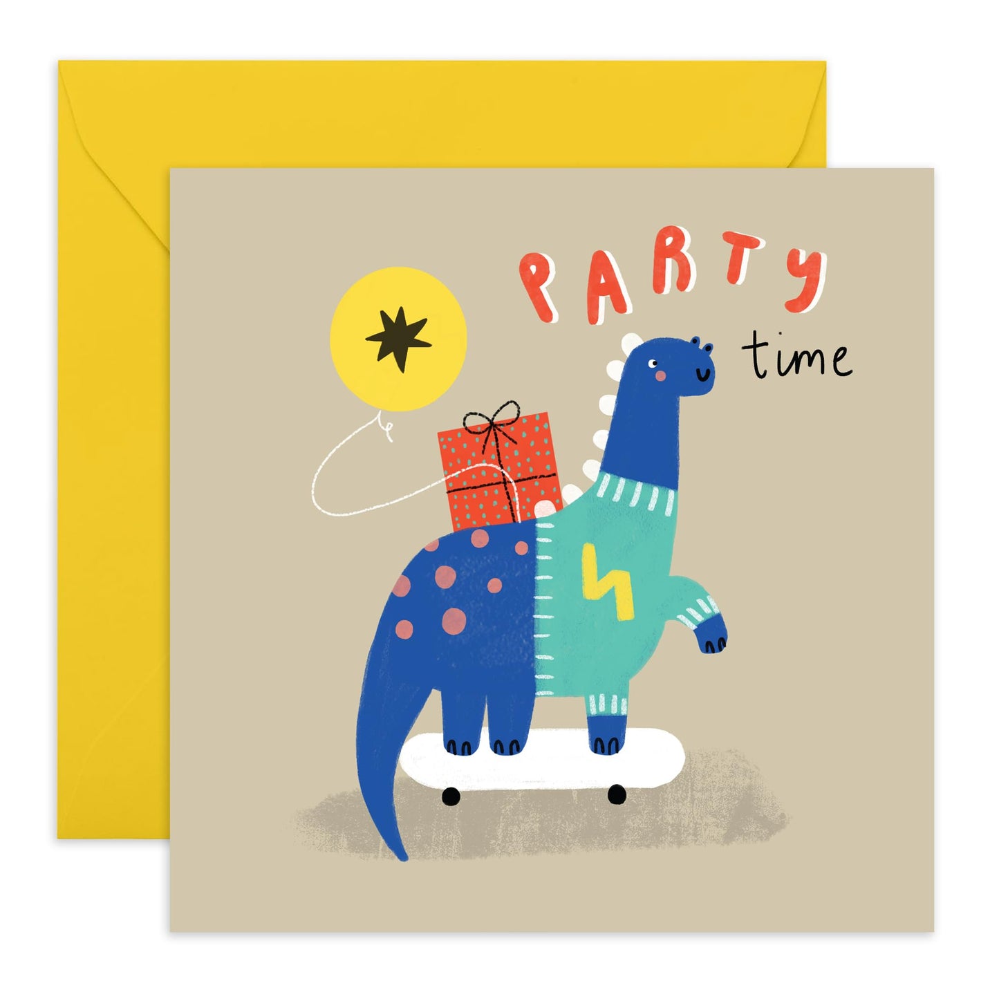 Children's Dinosaur Birthday Card - 'Dino Party Time' - Gifts for Boys, Girls, Son, Daughter, Nephew, Niece - Presents & Balloons - Comes with Fun Stickers
