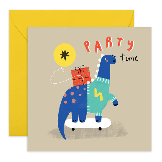 Children's Dinosaur Birthday Card - 'Dino Party Time' - Gifts for Boys, Girls, Son, Daughter, Nephew, Niece - Presents & Balloons - Comes with Fun Stickers