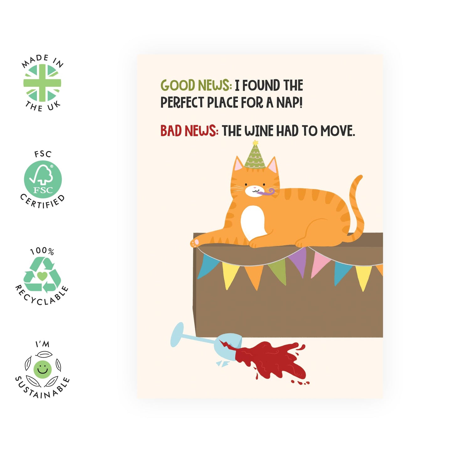 Funny & Cute Birthday Card with a Joke - 'Good News Bad News Cat' - Gifts for Cat Lovers, Pet Owners, Friends, Brother, Uncle, Aunties, Her, Him - Spilled Drink - Comes with Fun Stickers