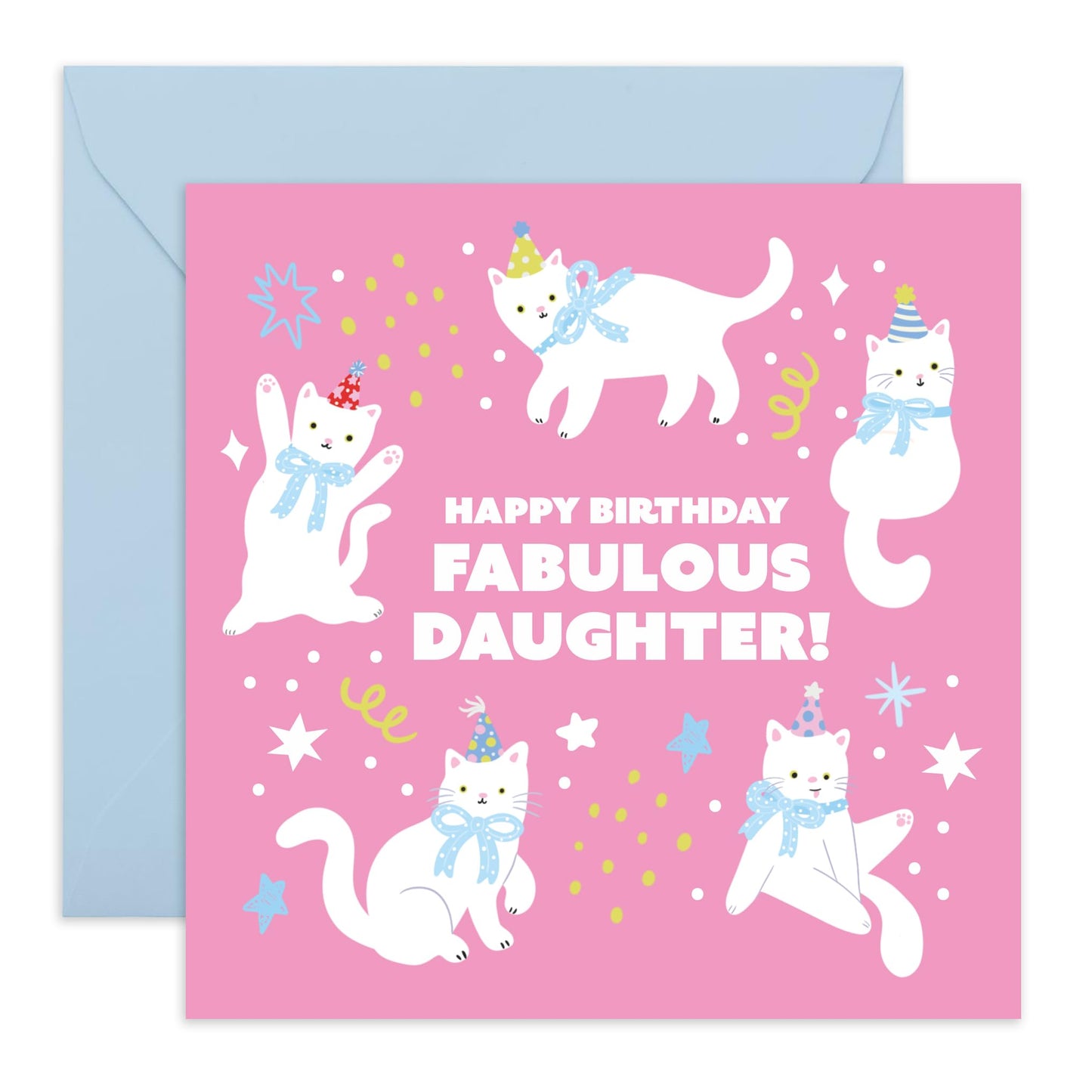 Fabulous Daughter Birthday Card – Cute Cat-Themed Birthday Greeting for Her, Girls, Step Daughter, In Law, Cat Lovers – Pink & Playful Design - Comes with Fun Stickers