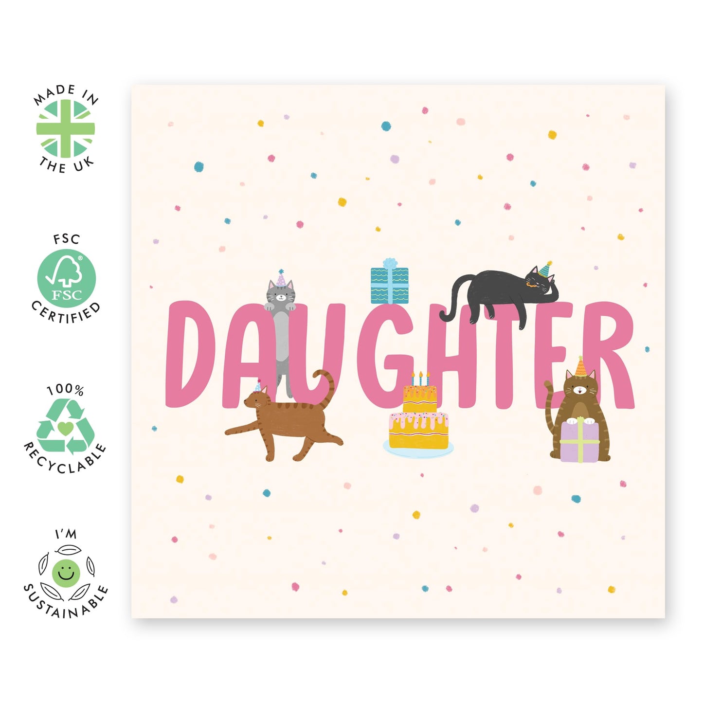 Daughter's Birthday Greeting Card - 'Birthday Cats Daughter' - Gift for Childrend, Kids, Teenagers, Girls from Mum, Mother, Dad, Parents - Cat In Hats - Comes with Fun Stickers