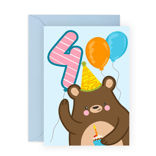 4th Birthday Card Boys Girls- Birthday Bear Age 4 - Baby Milestone Cards Age Four - Forth Birthday Cards - Animal - Gifts For Son Daughter Niece Nephew - Comes With Sticker By Central 23