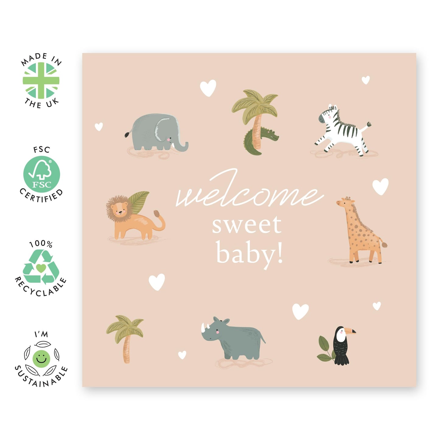Birthday Card with Cute Safari Animals - 'Welcome Sweet Baby Safari' - Gifts for Boys, Sons, Girls, Daughter, Toddlers, Kids, Children, Family - Newborn - Comes with Fun Stickers