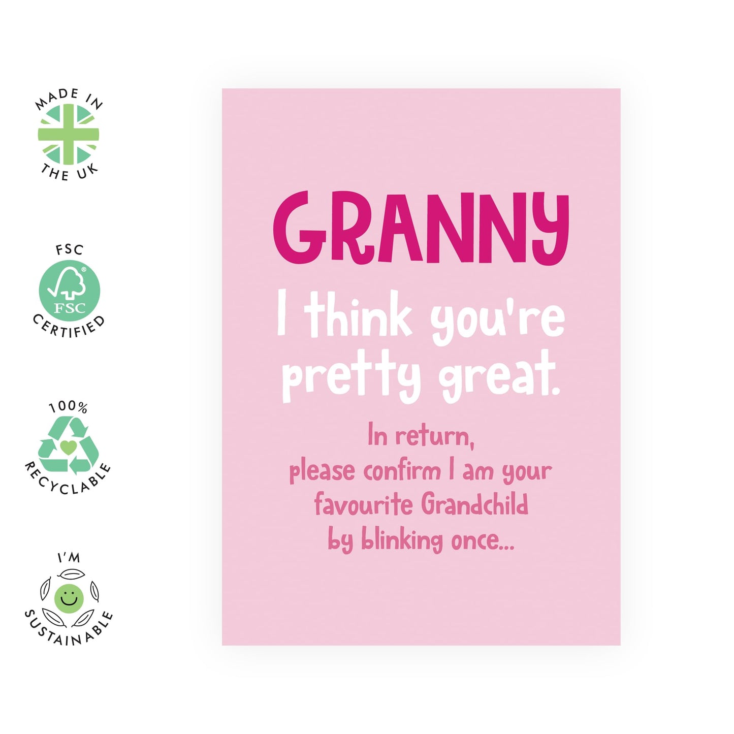 Pink Birthday Card for Great Grandmothers - 'Granny Blink To Confirm' - Gifts for Grandma, Grandmum, Grandmummy, Grandparents, Her From Grandchildren - Favouritism - Comes with Fun Stickers