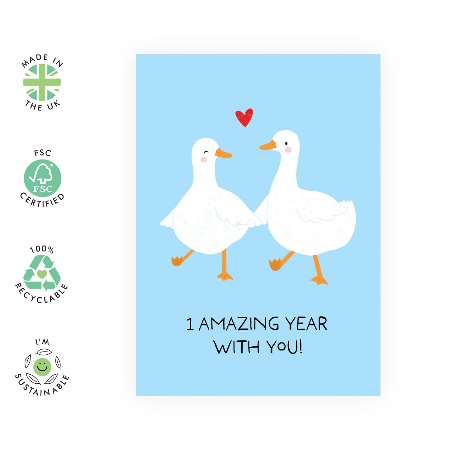 Cute 1st Anniversary Card for Him Her – Goose Couple - Gifts for Partner, Wife, Husband, Boyfriend, Girlfriend, Babe, Married, Women, Men - Amazing First Year Together- Comes with Stickers