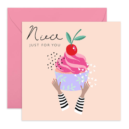 Niece Birthday Card - Just For You Cherry Cupcake - Sweet Greeting Cards For Girls Teens - Trendy Happy Bday Cards For Women Female - Pink Gifts For Her - Comes With Stickers By Central 23