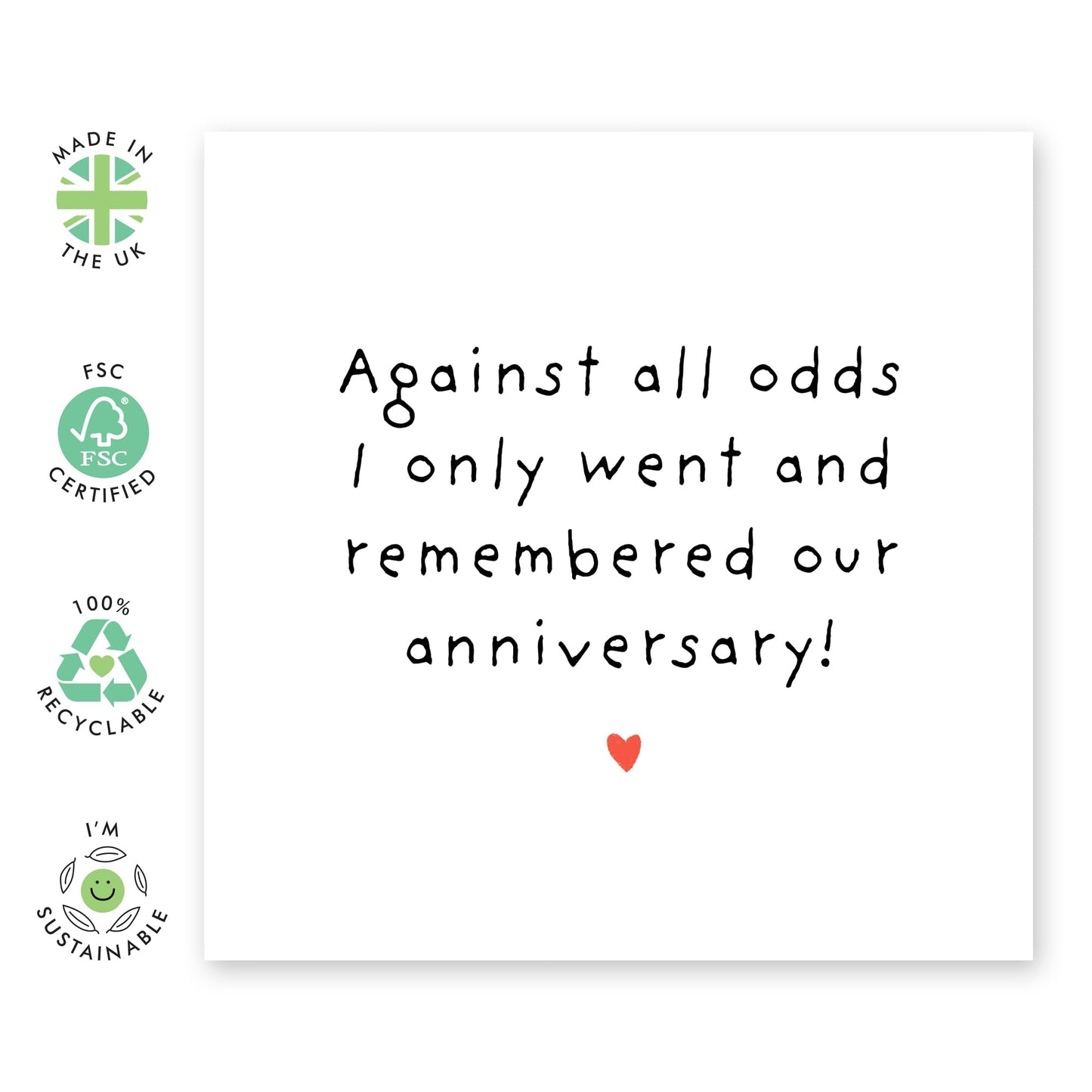 Simple Message Anniversary Card - 'Against All Odds Anniversary'- Gifts for Wife, Husband, Girlfriend, Boyfriend, Him, Partner, Love, Babe, Sweetheart - Classic Red - Comes with Fun Stickers