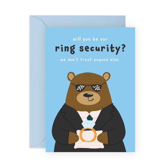 Funny Will You Be My Ring Bearer Card - Ring Security Bear - Ring Bearer Proposal Cards For Wedding - Comes With Fun Stickers - Blank Inside With Envelope - By Central 23