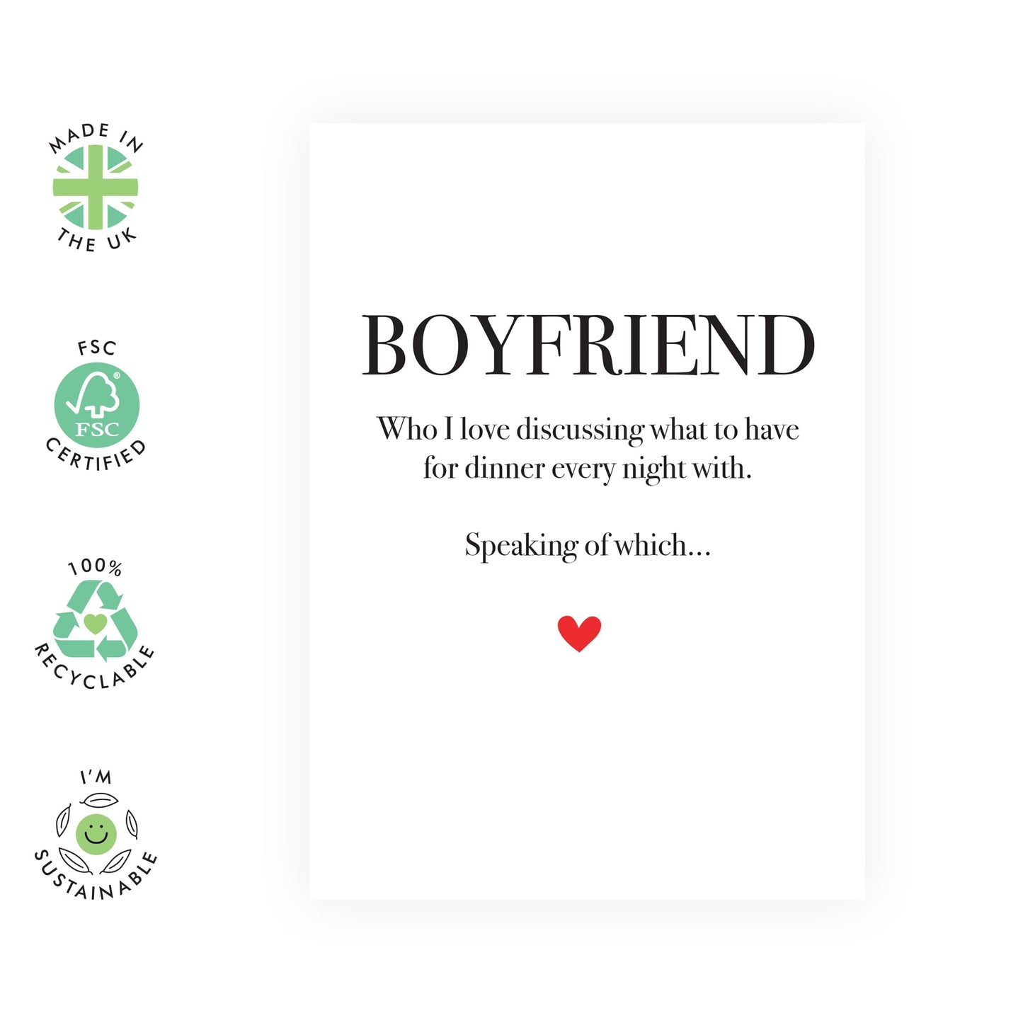 Sweet & Romantic Greeting Card - 'Boyfriend Love Dinner' - Message for Boyfriend, Boyfie, Partners, Couples, Babe, Other Half - Discussing Dinner - Comes with Fun Stickers