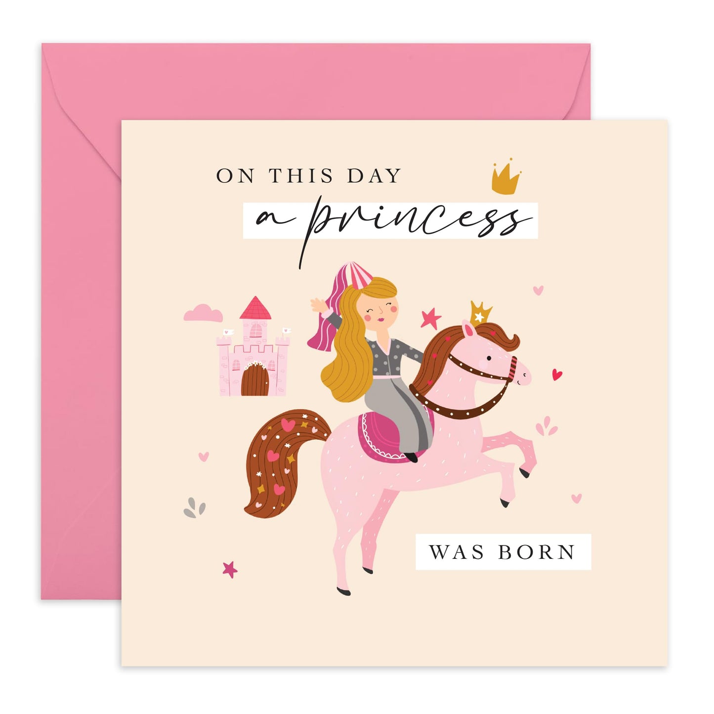 Cute Girl's Birthday Card - A Princess Was Born - Pony & Castle - Gifts for Her, Daughter, Ssister, Girls, Step Daughter, In Law, Women, Ladies, All Ages, Children - Comes with Fun Stickers