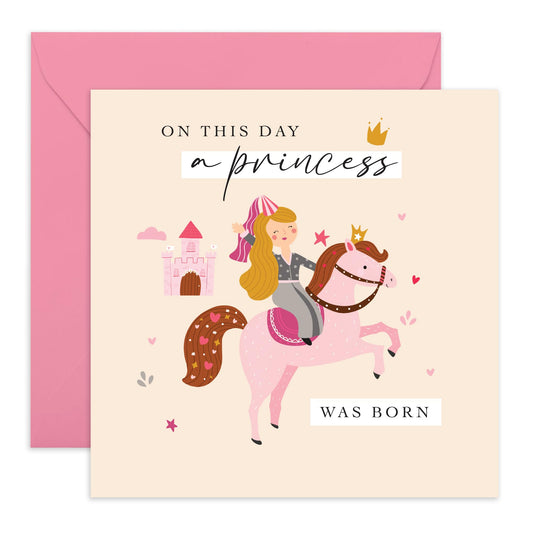 Cute Girl's Birthday Card - A Princess Was Born - Pony & Castle - Gifts for Her, Daughter, Ssister, Girls, Step Daughter, In Law, Women, Ladies, All Ages, Children - Comes with Fun Stickers