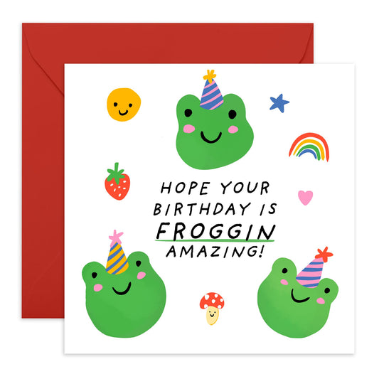 Frog Birthday Card - "Hope Your Birthday is Froggin' Amazing" - Cute and Fun Greeting Card for Kids, Friends,Him, Her, Colleagues or Animal Lovers- Comes with Fun Stickers