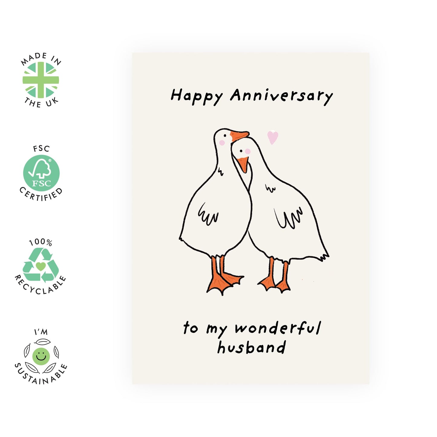 Adorable Anniversary Card For Him - 'Geese' - Gifts for Husband, Babe, Spouse, Darling, Lovebug, Hun - Sweet and Wonderful Man - Comes with Fun Stickers