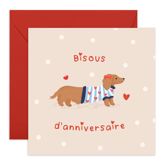 Cute French Birthday Card – "Bisous d'Anniversaire" –Sausage Dog in Sweater – Gifts for Fur Mum or Dad, Animal Lovers, Pet Owners, Dog Mama, Him, Her, Friends, Family, Colleagues -Comes with Stickers