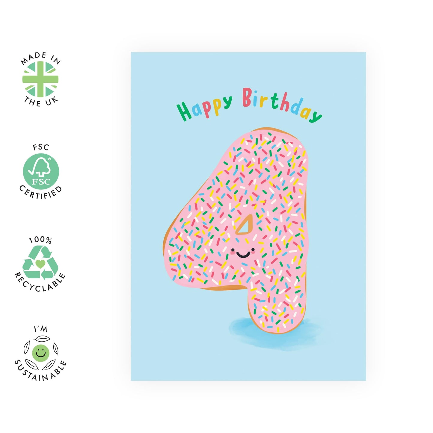 4th Birthday Card Boys Girls- Donut Age 4 - Baby Milestone Cards Age Four - Forth Birthday Cards - Donut - Gifts For Son Daughter Niece Nephew - Comes With Sticker By Central 23