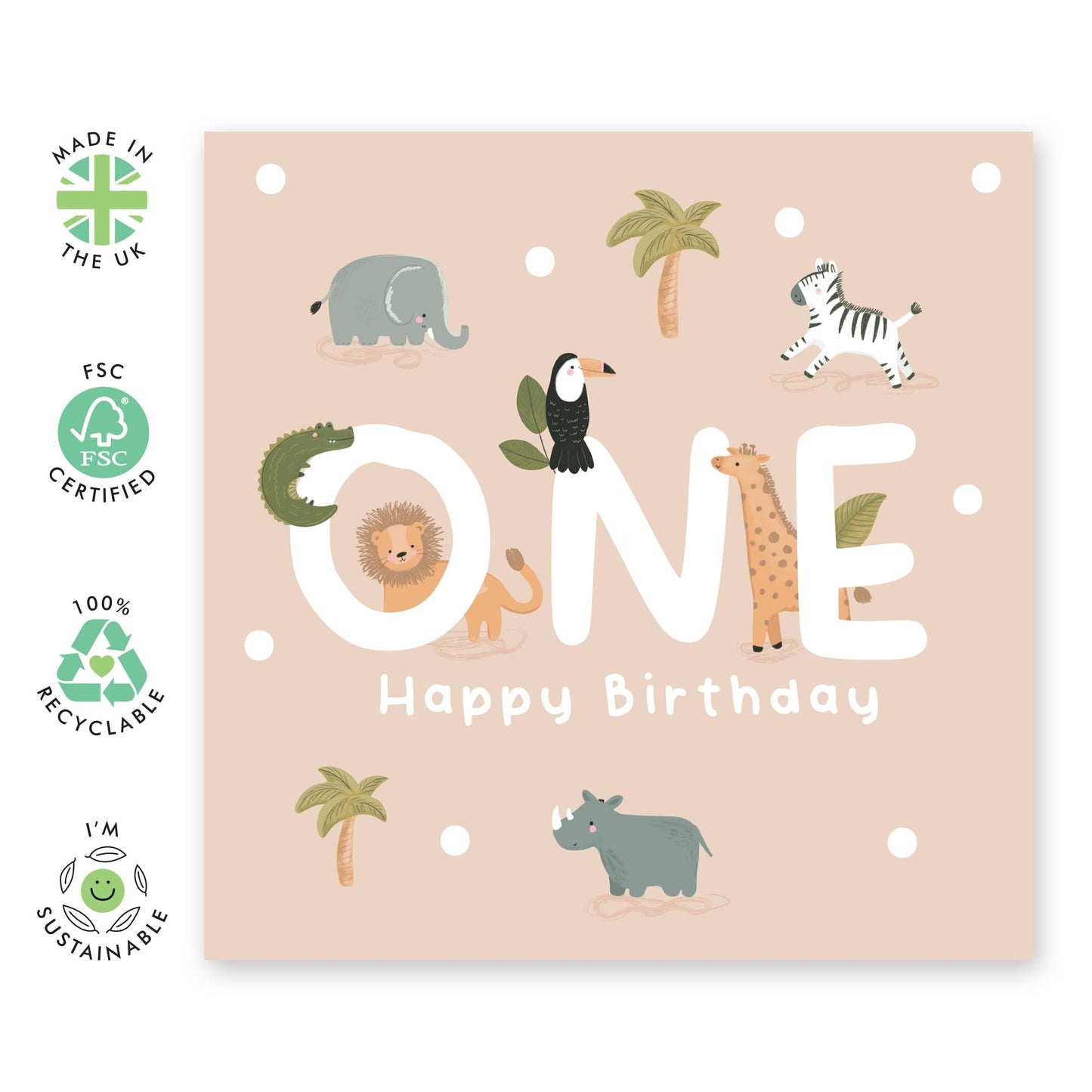 1st Birthday Card with Cute Safari Animals - 'Safari Birthday One' - Gifts for Boys, Sons, Girls, Daughter, Baby, Toddlers, Kids, Children, Family - First - Comes with Fun Stickers