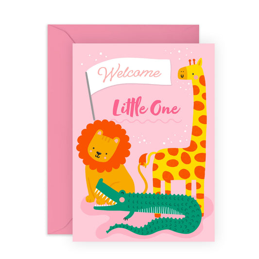 Baby Shower Card Girl - Welcome Little One Cute Animals - Welcome Home Baby Girl Housewarming - New Baby Card - Congratulations Greeting Cards For Mum Dad Parents - Comes With Stickers - By Central 23