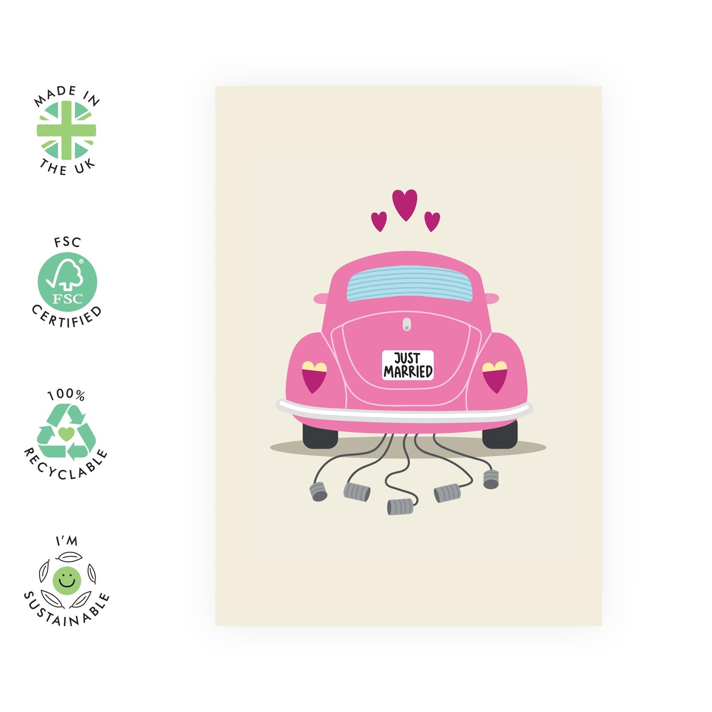 Wedding Card - 'JUST MARRIED PINK CAR' - Perfect for Celebrating New Beginnings - Ideal for Her, Friends, Family, and Newlyweds - A Fun Way to Wish Them Happiness - Comes With Stickers By Central 23