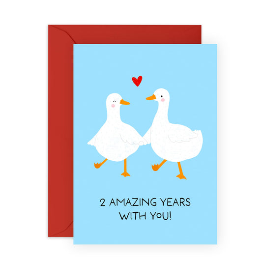 Cute 2nd Anniversary Card for Him Her – Goose Couple - Gifts for Partner, Wife, Husband, Boyfriend, Girlfriend, Babe, Married, Women, Men - Amazing Second Year Together- Comes with Stickers