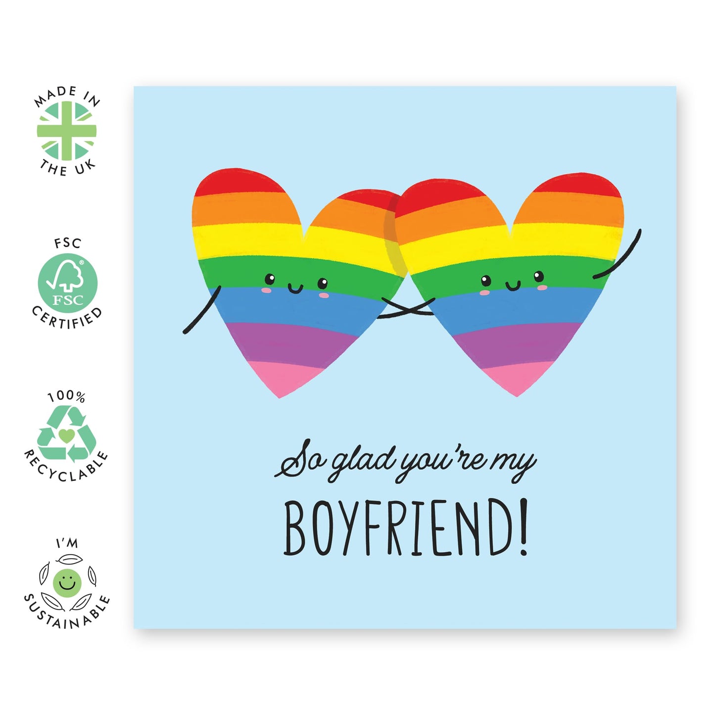 Colourful Hearts Love & Anniversary Card - 'So Glad Boyfriend Rainbow' - Gifts for Boyfriends, Him, Partner, Love, Darling, Babe, Sweetheart - Thank you - Comes with Fun Stickers