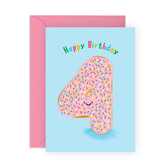 4th Birthday Card Boys Girls- Donut Age 4 - Baby Milestone Cards Age Four - Forth Birthday Cards - Donut - Gifts For Son Daughter Niece Nephew - Comes With Sticker By Central 23