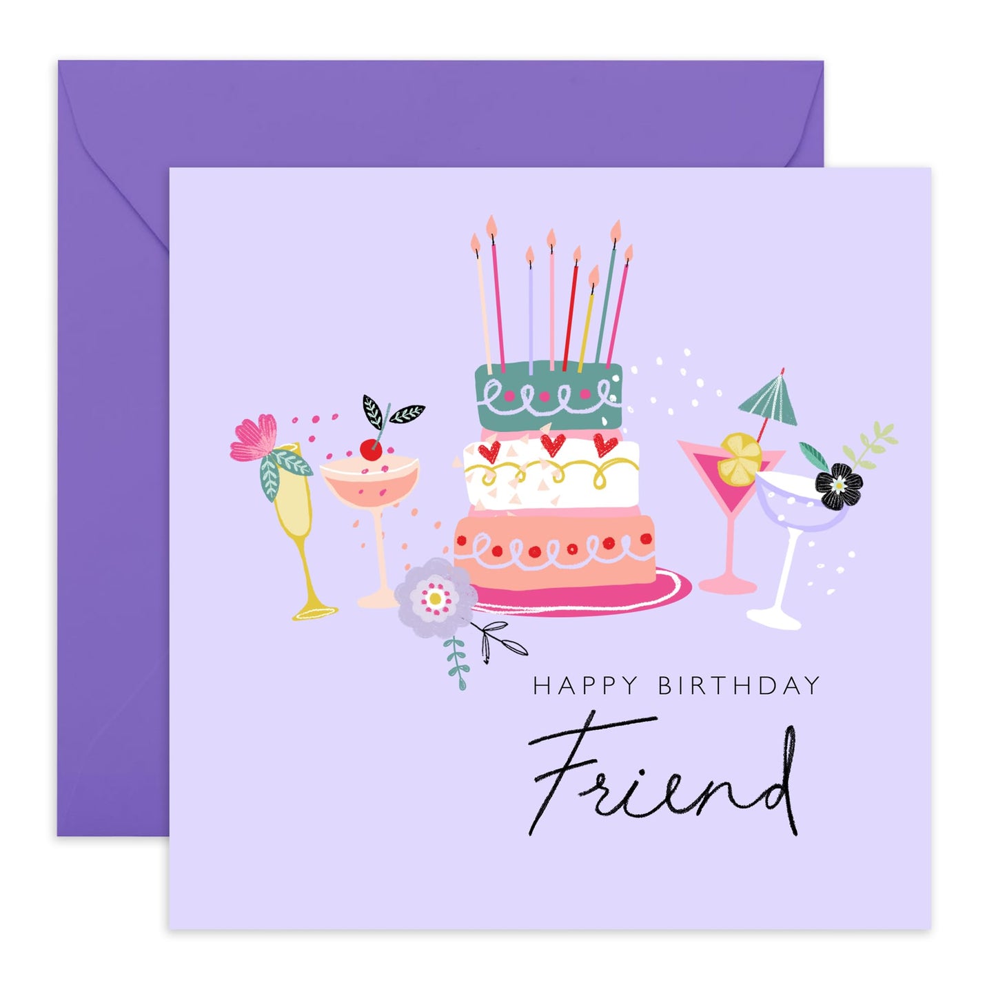 Happy Birthday Friend Card - Bday Cakes And Cocktails - Friend Birthday Card - Gifts For Friends Women - Lilac Friendship Card - Comes With Cute Stickers - By Central 23