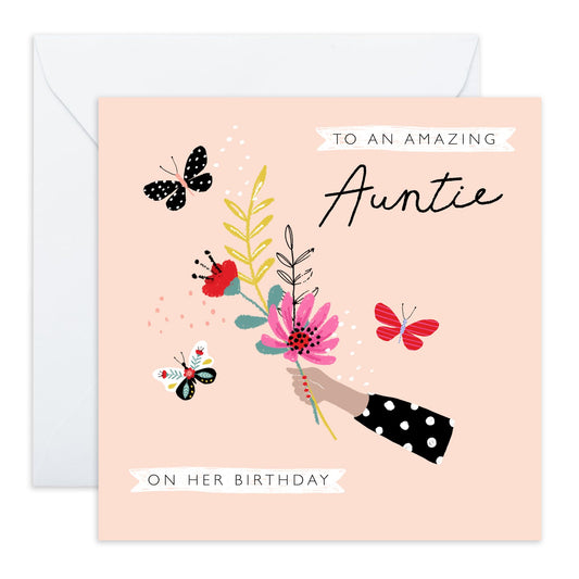 Happy Birthday Auntie Greeting Cards For Her - Pretty Flowers Garden Butterflies - Elegant Feminine Greeting Card For Women- Heartfelt Gifts From Niece Nephew - Comes With Fun Stickers By Central 23