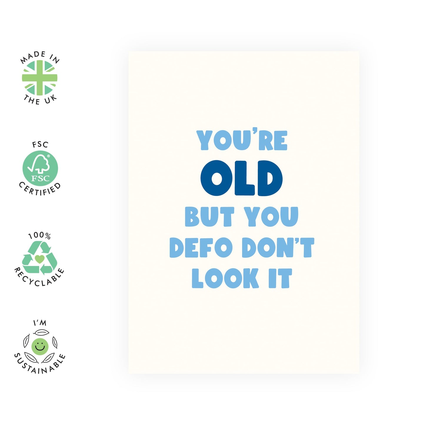 Birthday Card About Age - 'You're Old But' -Gifts for Friends, Bruv, Mates, Colleagues, Co-workers, Him, Partner, Uncle, Father, Husband -Young Looking - Comes with Fun Stickers