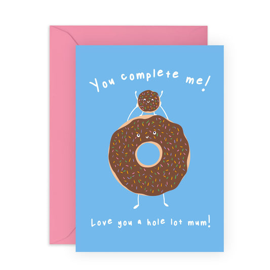 Mum Birthday Card Funny - You Complete Me Donut - Mothers Day Card For Her Women Mama Mummy Mam from Son Daughter - Funny Gifts For Her - Lovely Thank You Gifts - Comes With Stickers