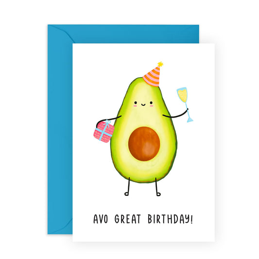 Avocado Birthday Card – "Avo Great Birthday!" – Cute & Quirky Greeting for Him, Her, Friends, BFF, Besties, Colleagues, Coworkers, Officemate, Neighbours, Family, Food Lovers -Comes with Fun Stickers