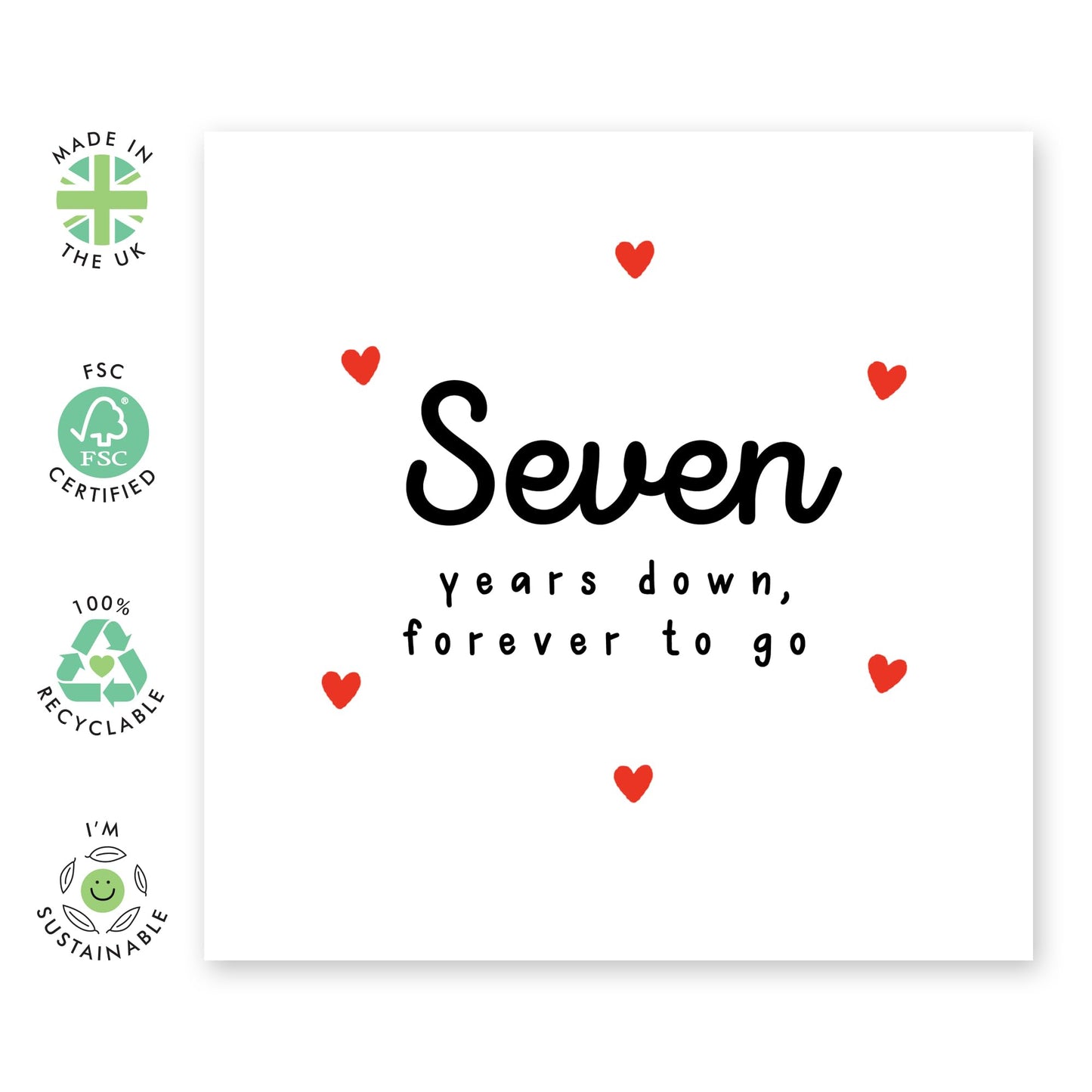 7th Anniversary Card For Him Her - 'Seven Years Down' - Gifts for Babe, Girlfriend, Boyfriend, Husband, Wife, Spouse - Classic Red Hearts - Comes with Fun Stickers