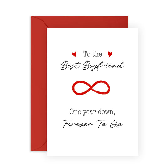 Anniversary Card for Boyfriend, Him, Babe, Men - 'One Year Down, Forever to Go' - For Celebrating Love and Milestones - Blank Inside with Premium Red Envelope