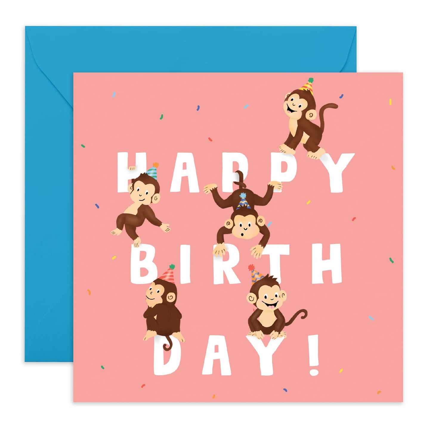 Kids Birthday Card - Monkey Birthday Card for Boy - Happy Birthday Letters Monkey - Cute Animals Birthday Cards for Girls - Pink - Comes With Fun Stickers - Made in the UK by Central 23 - Recyclable