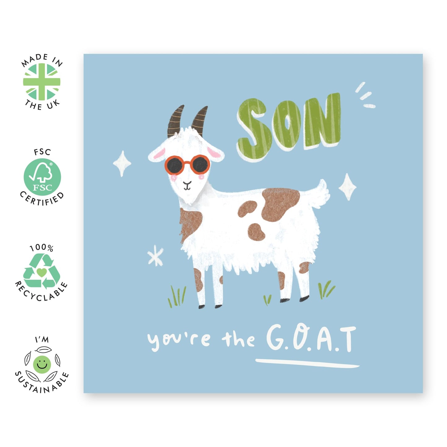 Hilarious Animal Birthday Card - 'Goat Son' -Gifts for Boys, Family, Him, Men, Family from Parents - Greatest of All Time - Comes with Fun Stickers