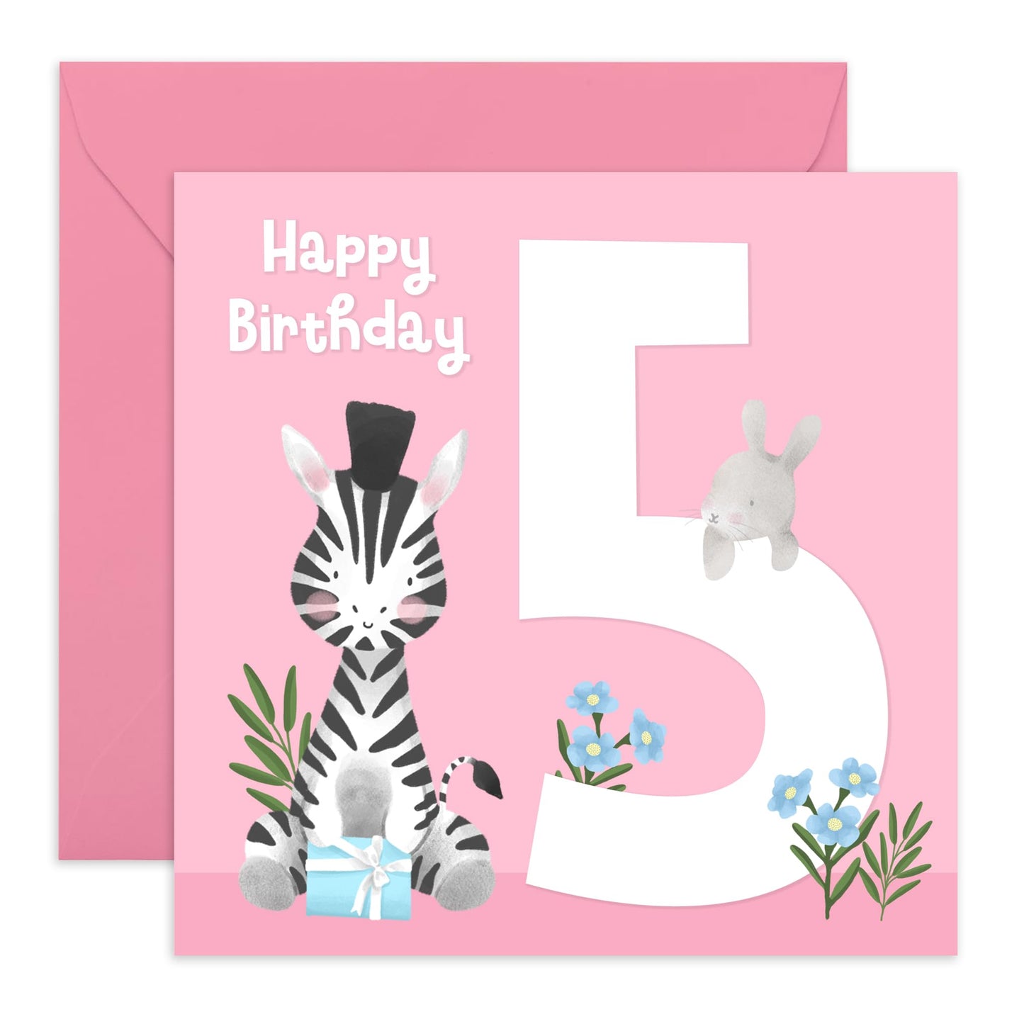 Happy 5th Birthday Card - Cute Animals Elephant Fifth Bday - Girl Birthday Card - Five Year Old Gifts For Toddler Niece Granddaughter - Comes With Fun Stickers - By Central 23