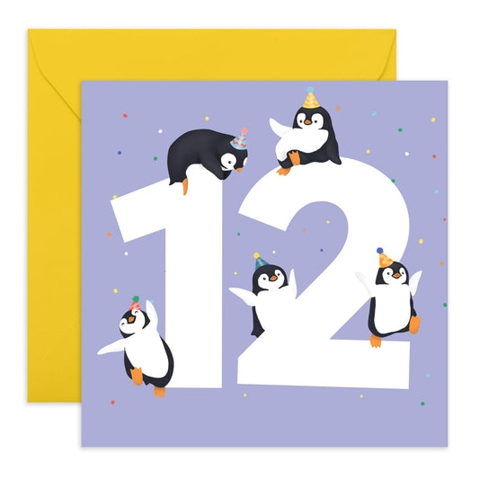 Birthday Card For Boys Girl Age 12 - Happy Twelfth Birthday Cards For Kids - Penguin Age 12 - Gifts For Boys Girls Niece Nephews - Twelve Years Old - Comes With Fun Stickers - By Central 23