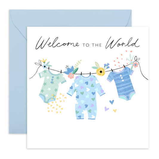 Congratulations Baby Boy Card - Welcome To The World - Baby Clothes - Well Done Gifts For Newborn Baby Parents - Congrats New Baby Boy Card - Comes With Stickers - By Central 23