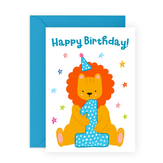 Boys Birthday Cards Age One - Children Age 1 Lion Birthday - 1st Birthday Cards For Kids Girls Baby - Gifts For Son Daughter Niece Nephew Godson - First Bday Card - Comes With Stickers By Central 23